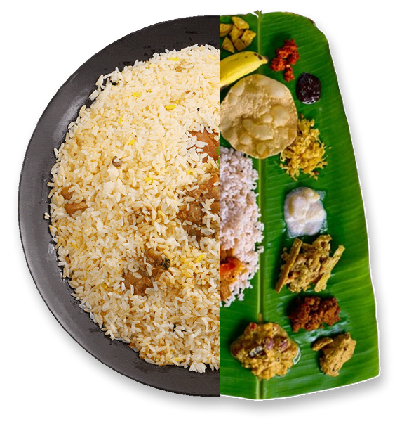 splic image of biriyani and sadya